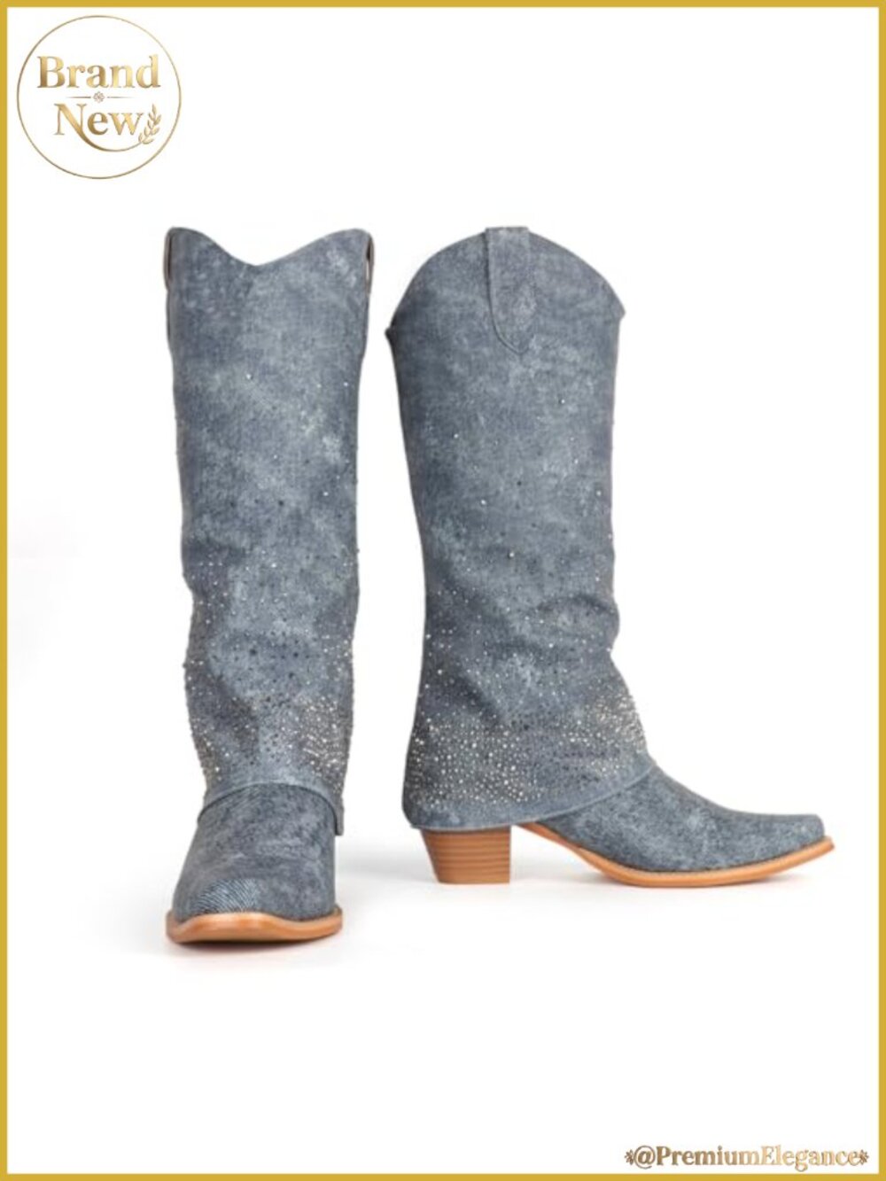 Denim Rhinestone Cowgirl Knee High Boots Fold Over Chunky Heel Pointed Toe